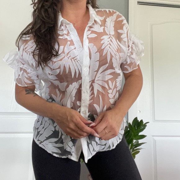 A New Day sheer white floral button down puff sleeve summer top - Picture 1 of 6